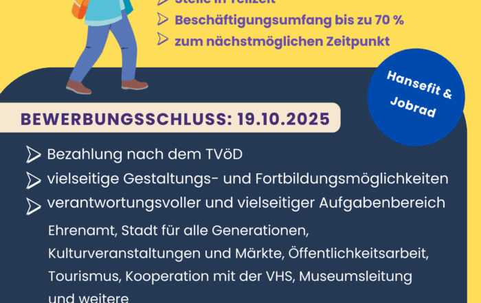Das Foto zeigt das Logo der Stadt Mühlheim und eine gezeichnete Frau mit einem Fernglas sowie die Kurzfassung des Textes der Stellenbeschreibung für das Kulturamt, den Sie dem Artikel entnehmen können.