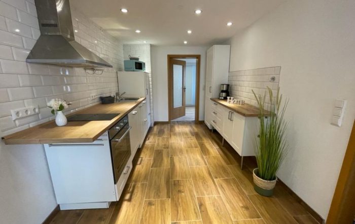 moderne weiße Küche mit Holzboden