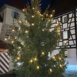 Geschmückter Christbaum vorm Stadttor in Mühlheim