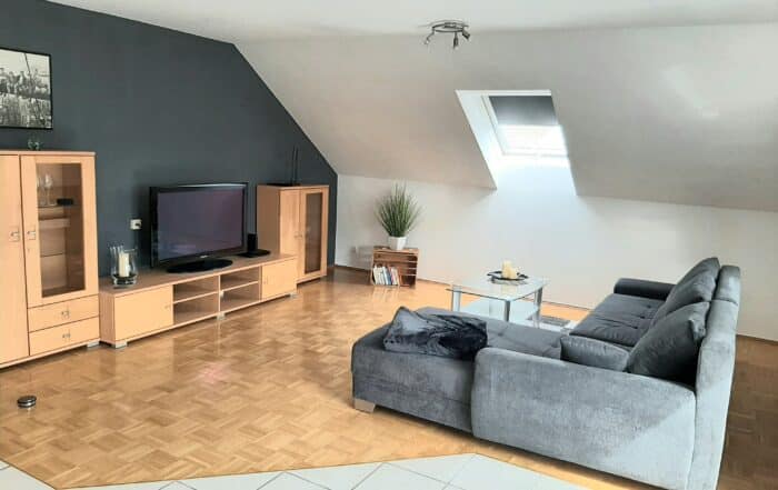 Wohnzimmer mit grauem Sofa und Fernsehwand