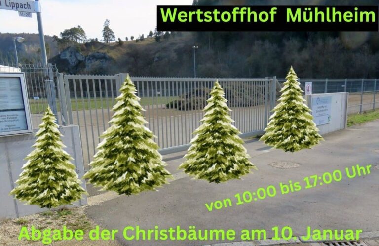 Bildcollage mit 4 Weihnachtsbäumen vor dem Wertstoffhof